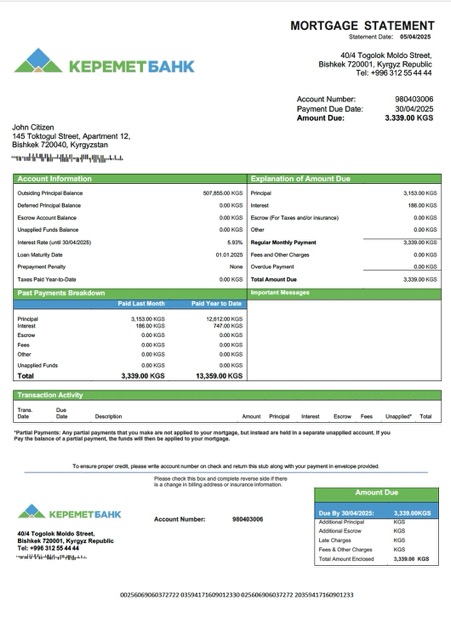 Download Kyrgyzstan Keremetbank mortgage statement Word and PDF template Photoshop template
